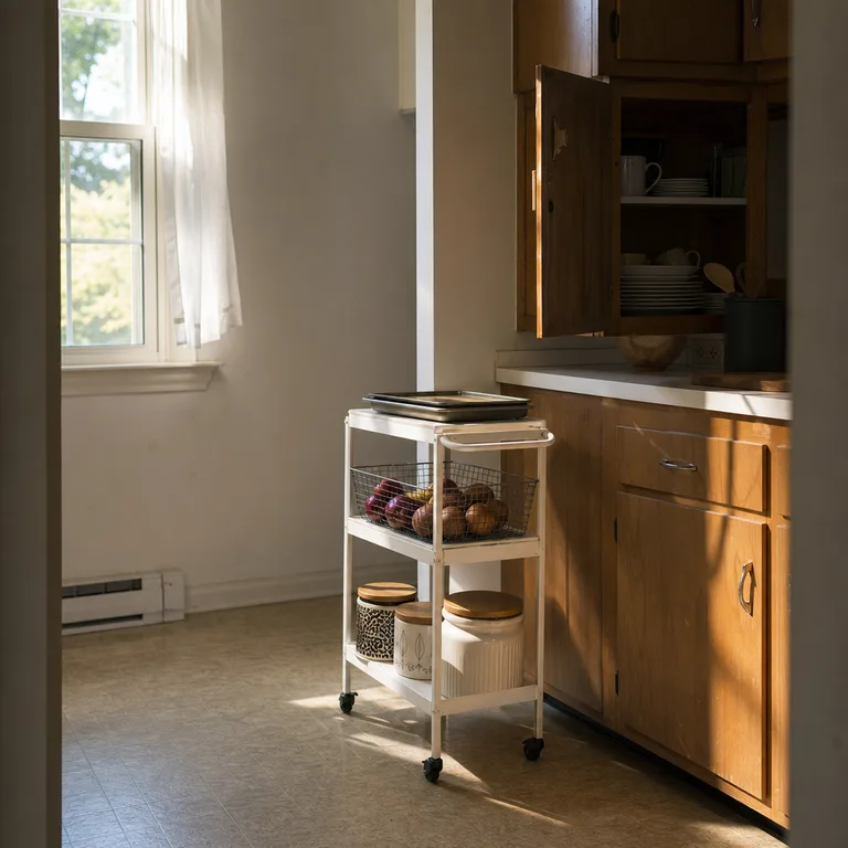 Narrow rolling cart adds reachable storage beside a corner kitchen cabinet.
