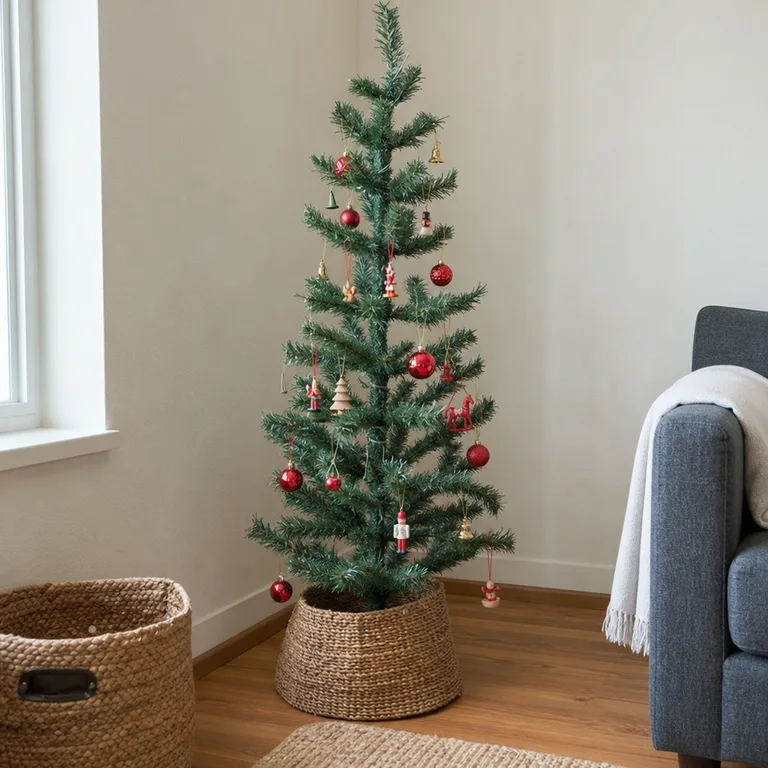 Open green spaces separate fuller ornament clusters on a slim tree.