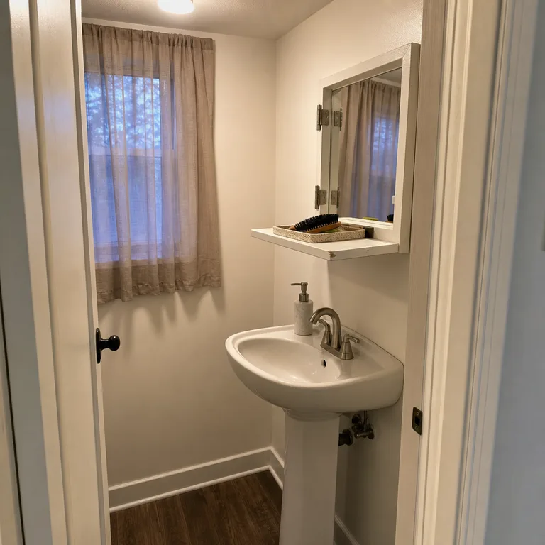 Fold-down wall shelf beside a pedestal sink creates a temporary grooming surface.