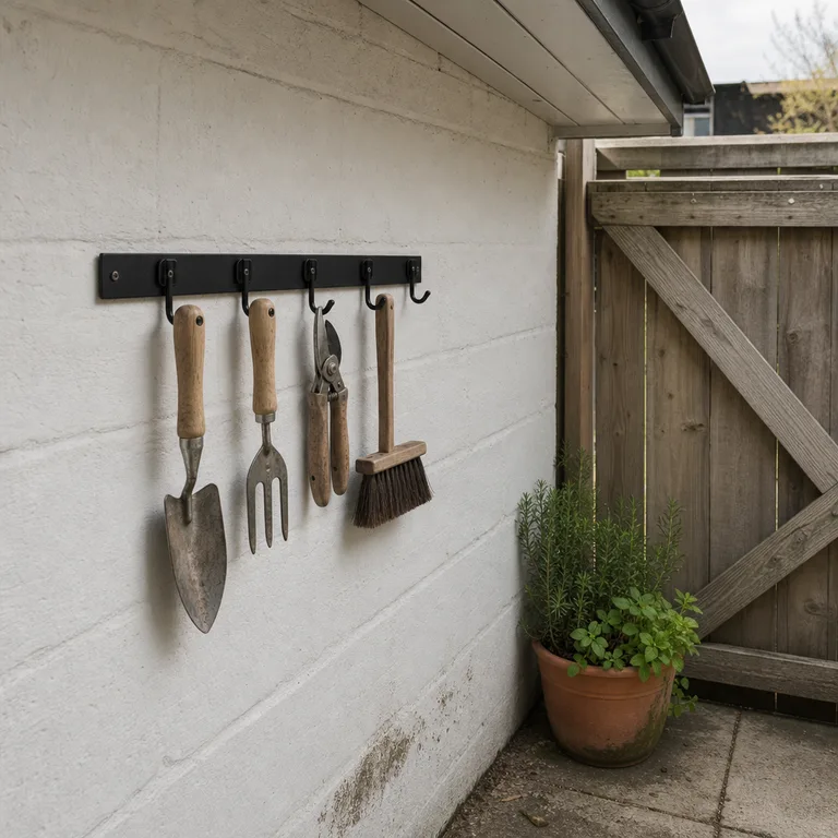 Hand garden tools hanging from a wall rail in a covered patio corner.