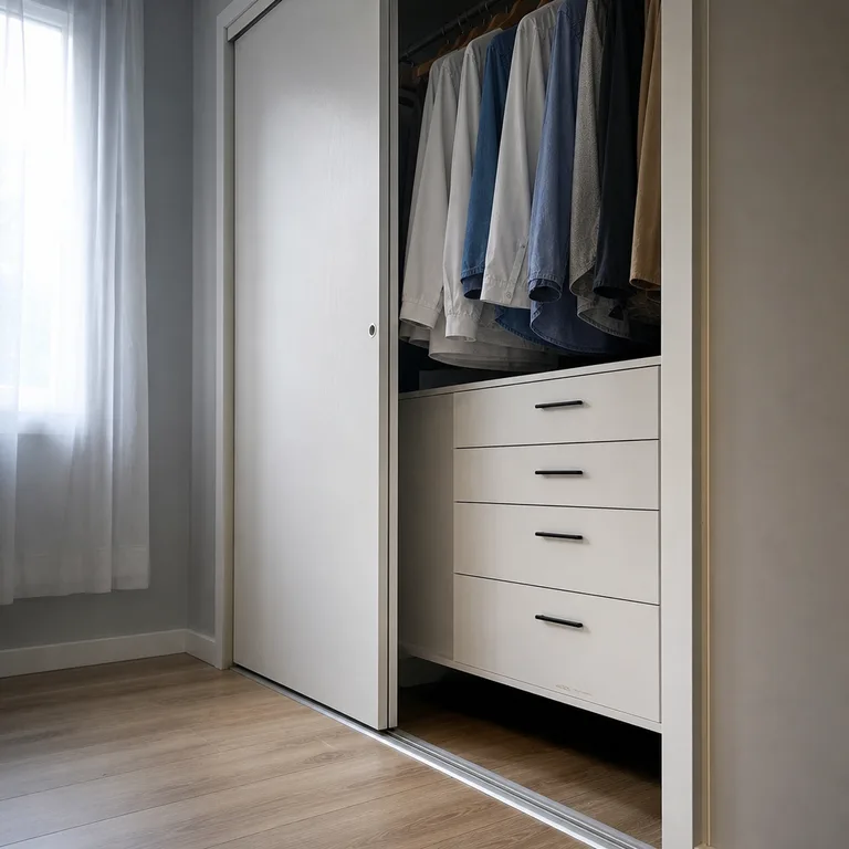 Slim white drawer unit fitted beneath hanging clothes inside a closet.