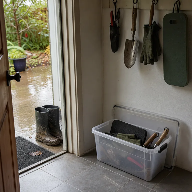 Clean hand tools stored in a sealed bin inside a small back-entry nook.