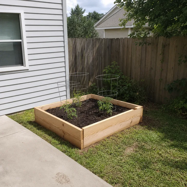 A single small cedar raised bed beside a concrete patio and an ordinary house.