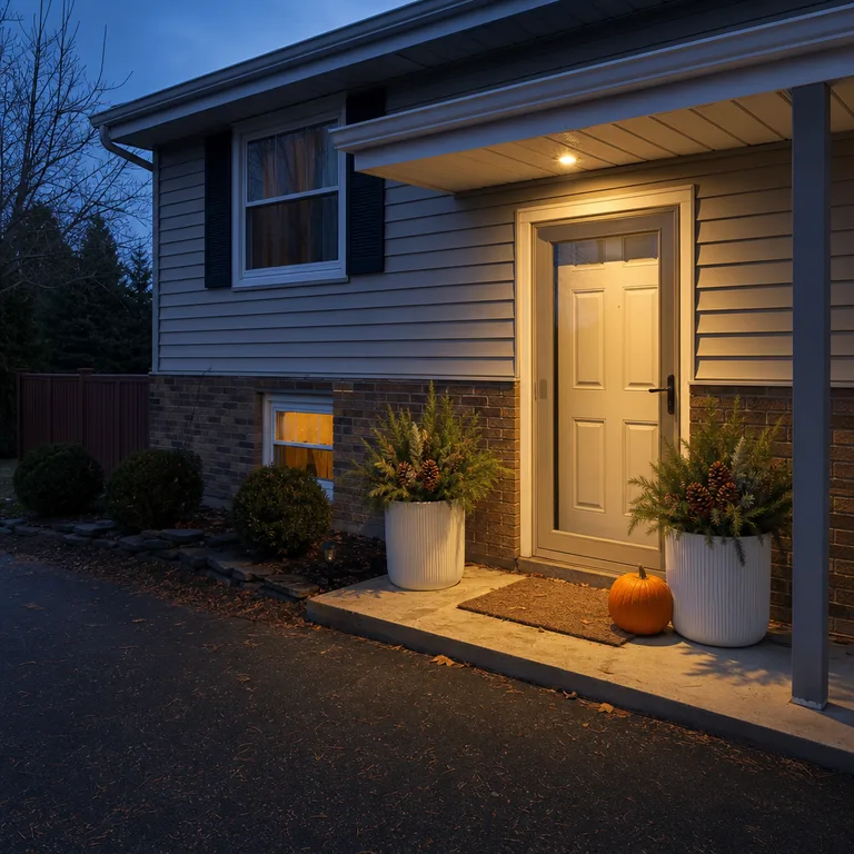 White ribbed planters filled with evergreen cuttings, pumpkins, and pinecones at a dusk entry.