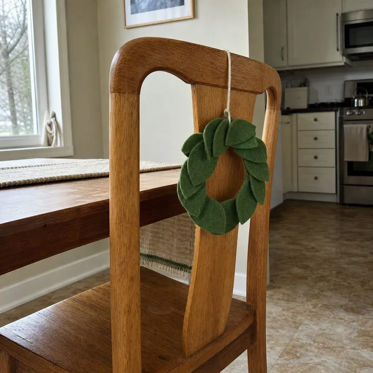 A small green felt wreath hanging from the center slat of an oak dining chair.