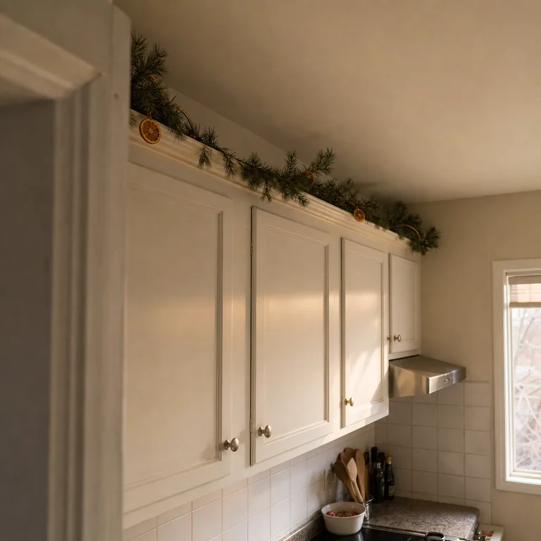 A slim pine garland rests above white kitchen cabinets, away from the range hood.