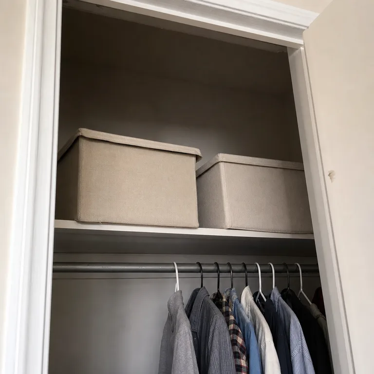 Lidded fabric bins of folded seasonal clothing arranged on the upper shelf of a small closet.