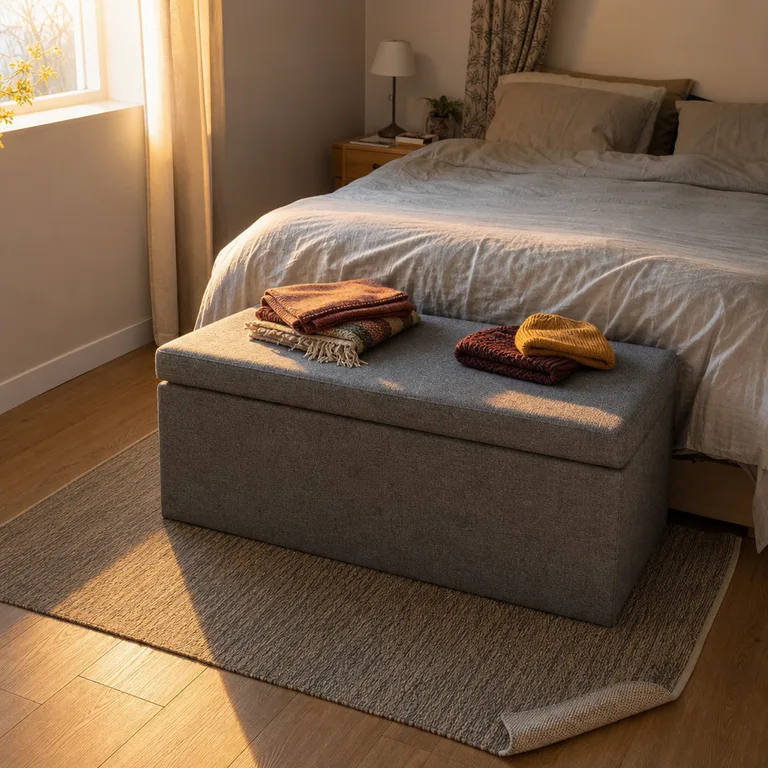 A fabric storage ottoman at the foot of a bed holding folded seasonal accessories.