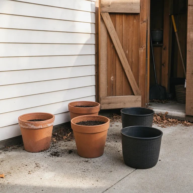 Empty terracotta and resin planters being dried beside a small patio shed.