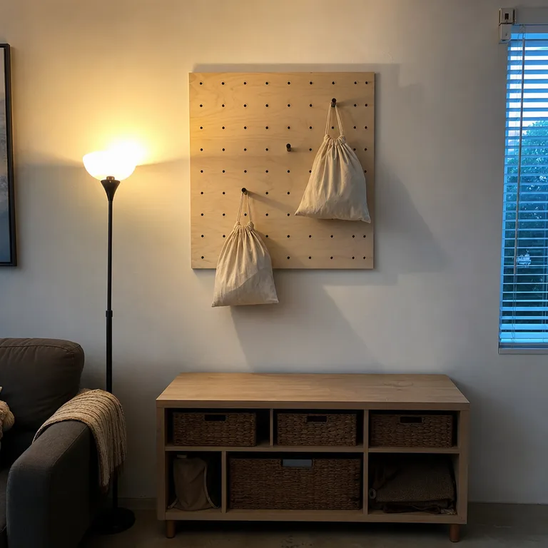 A small wooden pegboard holds rows of muslin treat bags above a narrow console.