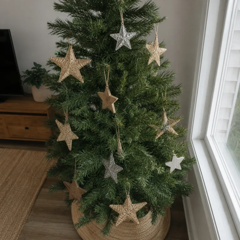 Tin, straw, and wooden star ornaments repeat across the upper half of a tree.