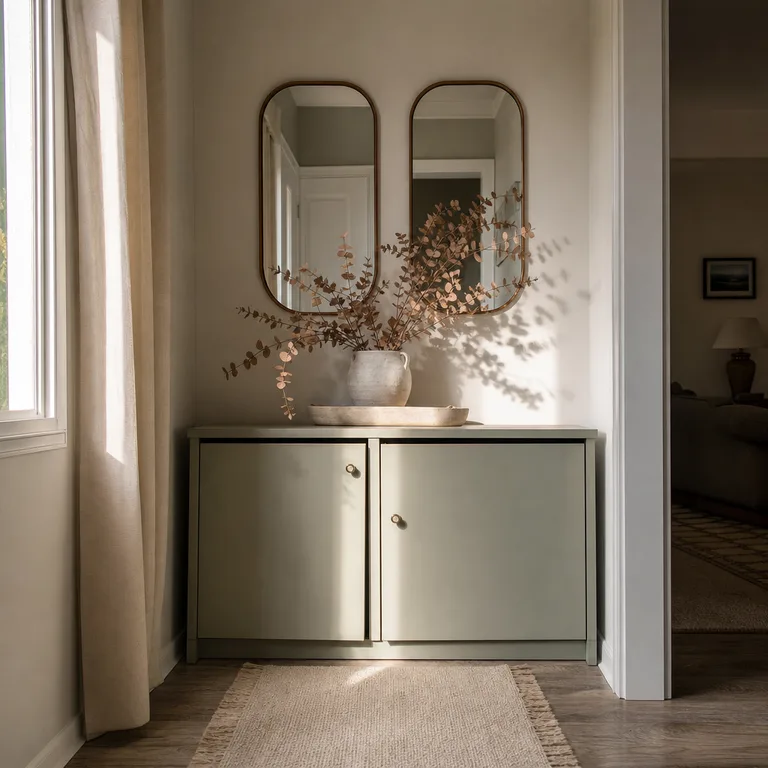 Two narrow bronze-framed mirrors above a low green cabinet with a centered stone-look tray.