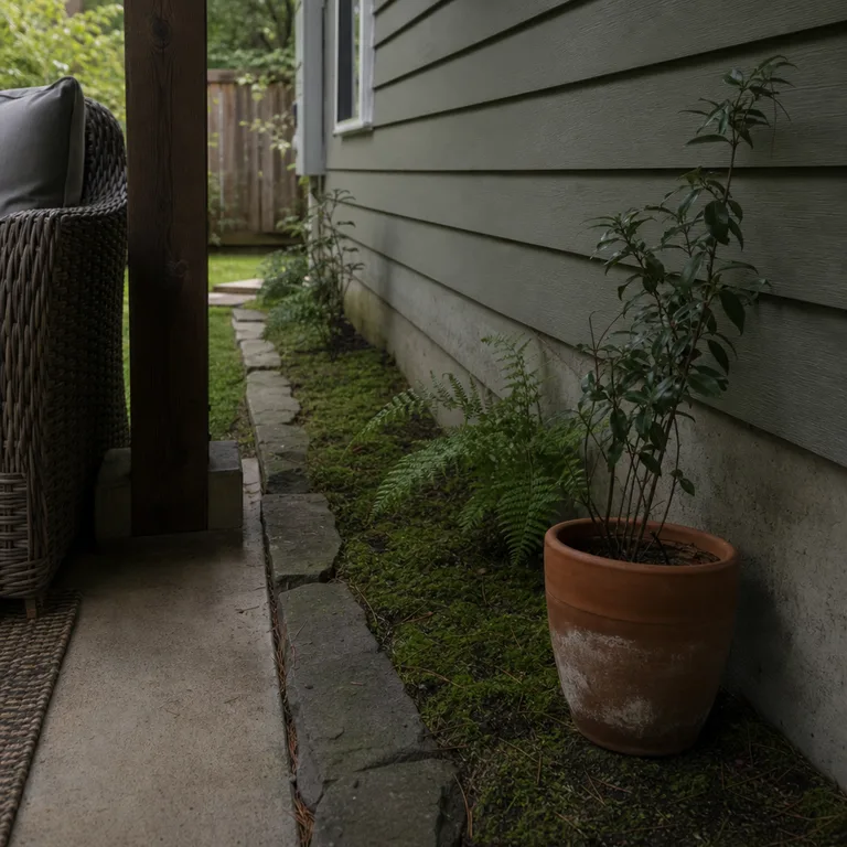 Moss growing in a cool shaded strip beside a house foundation.