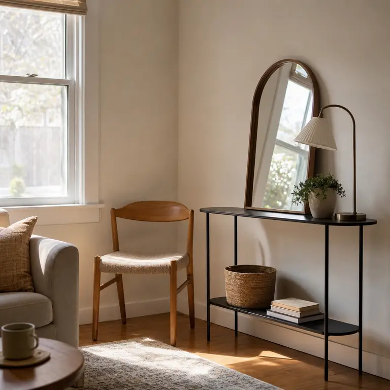 An arched mirror and curved lamp in a small living room corner.
