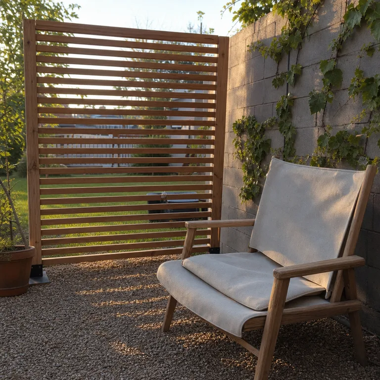 A freestanding cedar slat screen lightly separates a gravel chair area from a small open lawn.