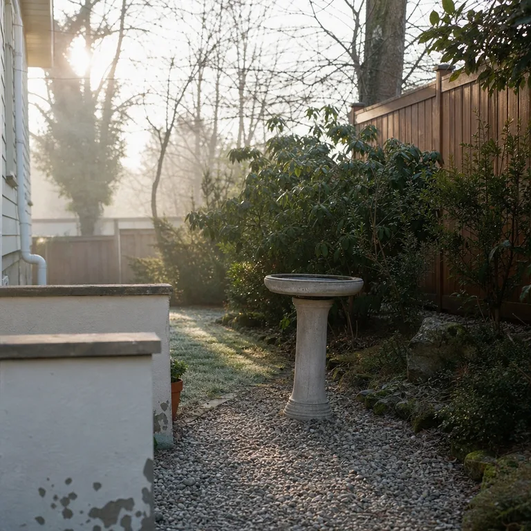 A bird bath stands beside a clear gravel path near shrubs and a patio wall in winter.