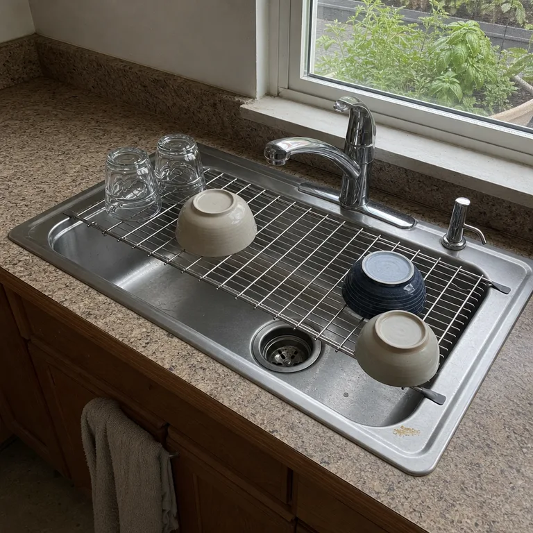 Removable stainless-steel rack spanning a narrow sink with bowls and glasses draining into the basin.