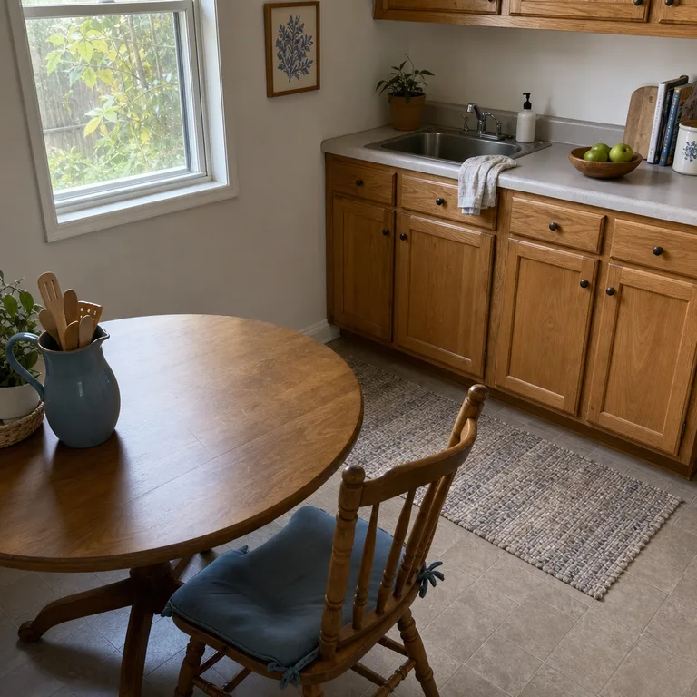 Dusty blue chair cushion, ceramic pitcher, and botanical print with honey oak cabinets.