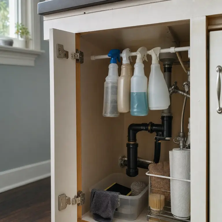Spray bottles hang from a tension rod above the pipes in an under-sink cabinet.