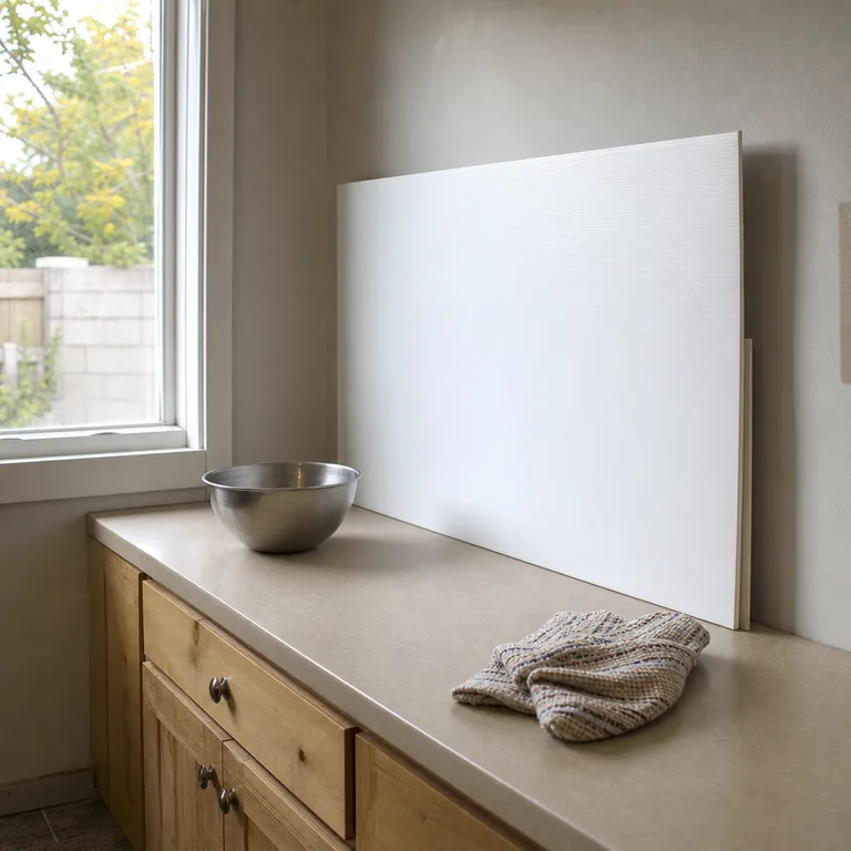 A white washable freestanding panel protects the wall behind a small kitchen prep station.
