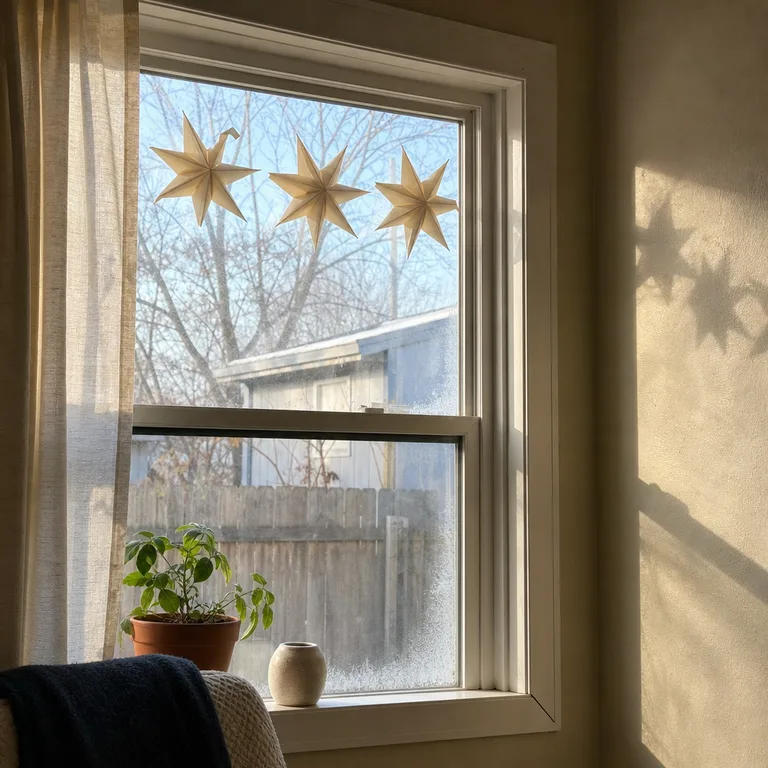 Folded cream and pale gold paper stars decorate the upper corner of a living-room window.
