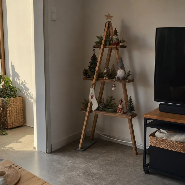 A wooden ladder-style Christmas tree stands in the corner beside a low media unit.