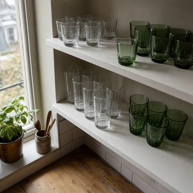 Clear glasses and green tumblers arranged as separate clusters on white open kitchen shelves.