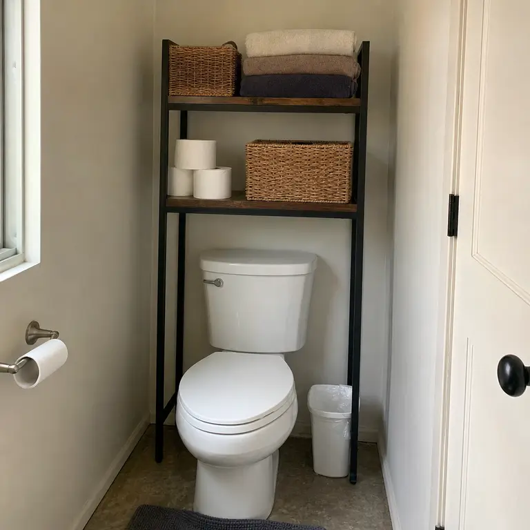 Shallow shelving unit above a toilet storing folded towels and spare toilet paper.