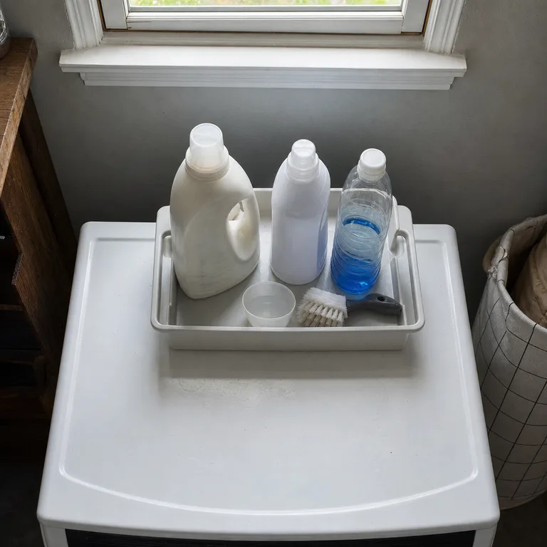 A handled tray groups detergent bottles and a scrub brush on top of a washing machine.