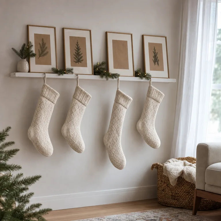 Lightweight stockings hang from removable hooks beneath a slim white picture ledge with framed holiday art.