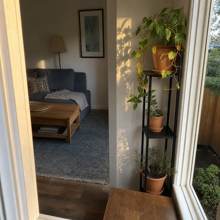A narrow plant stand sits beside a living-room window, leaving the sill and opening unobstructed.