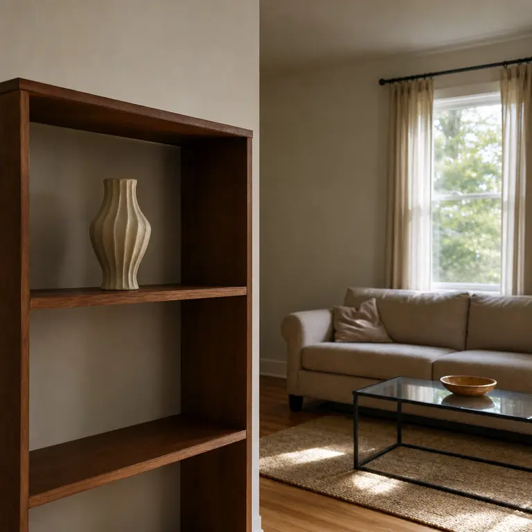 A single fluted ceramic vase displayed on an open living room shelf.
