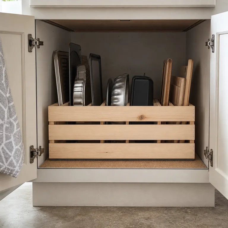 Removable pine crate insert with dividers storing mixed bakeware upright in a lower cabinet.