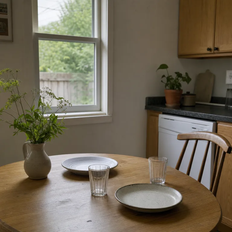 Low pitcher of green stems on an everyday kitchen table with open place-setting space.