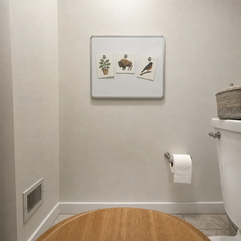 Small white magnetic board with simple illustrated cards on a bathroom wall.