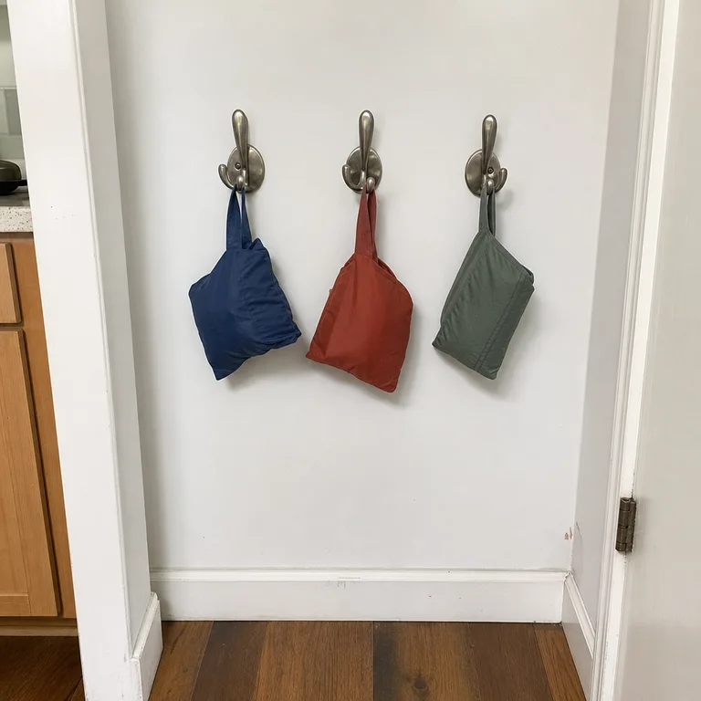 Compact foldable shopping bags hang from wall hooks inside a shallow cupboard.