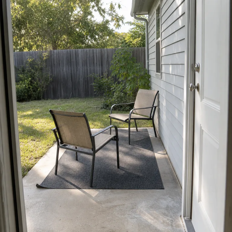 A charcoal outdoor rug defines two patio chairs beside a clear lawn play area in a modest backyard.