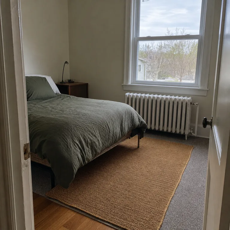 An offset bed and shifted camel rug create a walking zone beside a radiator.