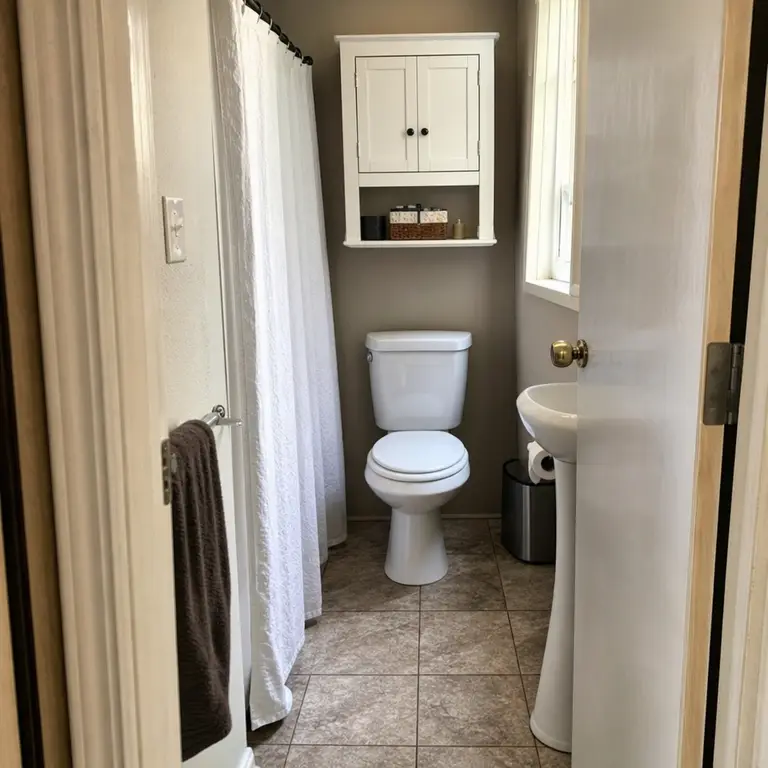 A shallow wall cabinet above a toilet keeps the floor around it clear.