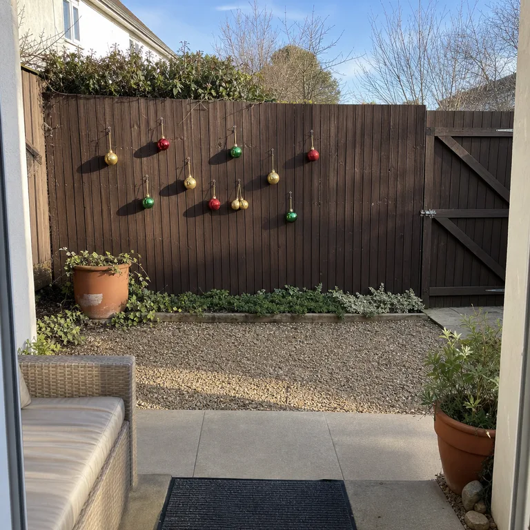 A small cluster of shatter-resistant Christmas ornaments on a wooden fence, away from a plain side gate.