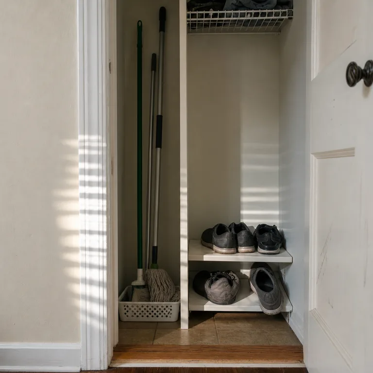 A divider inside a hall cupboard separates cleaning tools from a shoe shelf.