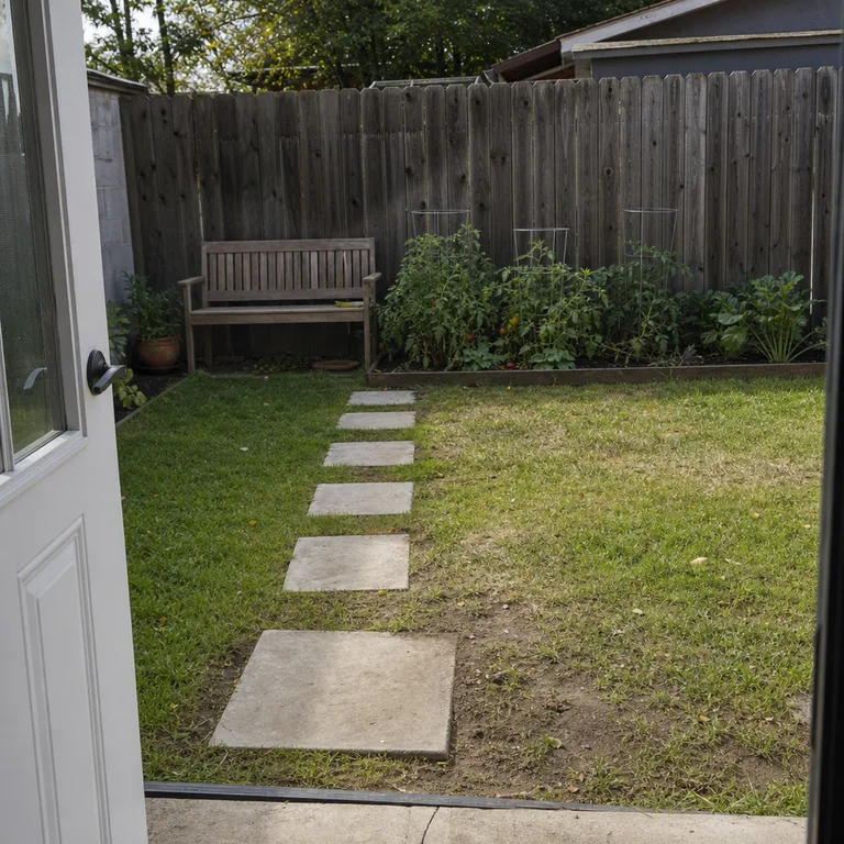 Large concrete stepping stones cross a small lawn from a back door to a bench and vegetable bed.