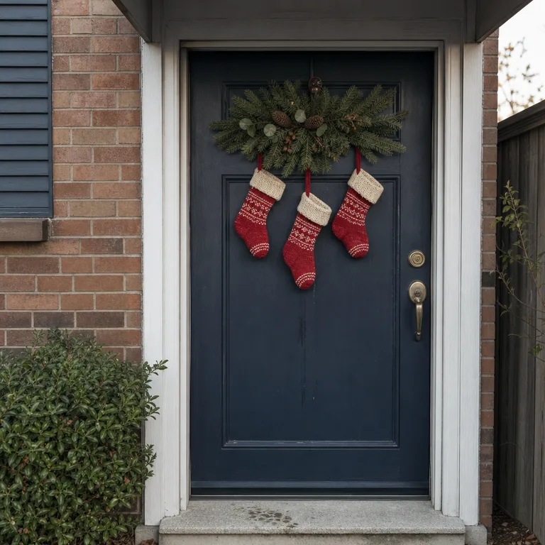 Three small Christmas stockings hang from a door display above a clear threshold.