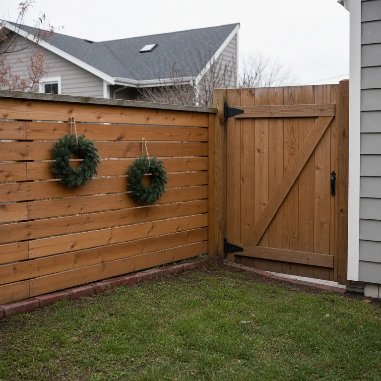 Two small faux pine wreaths hung on a cedar fence panel beside an undecorated gate.