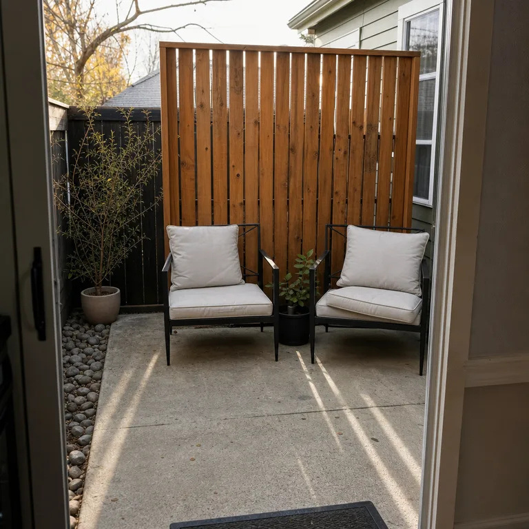 A cedar slat panel screens one edge of a small concrete patio behind two chairs.