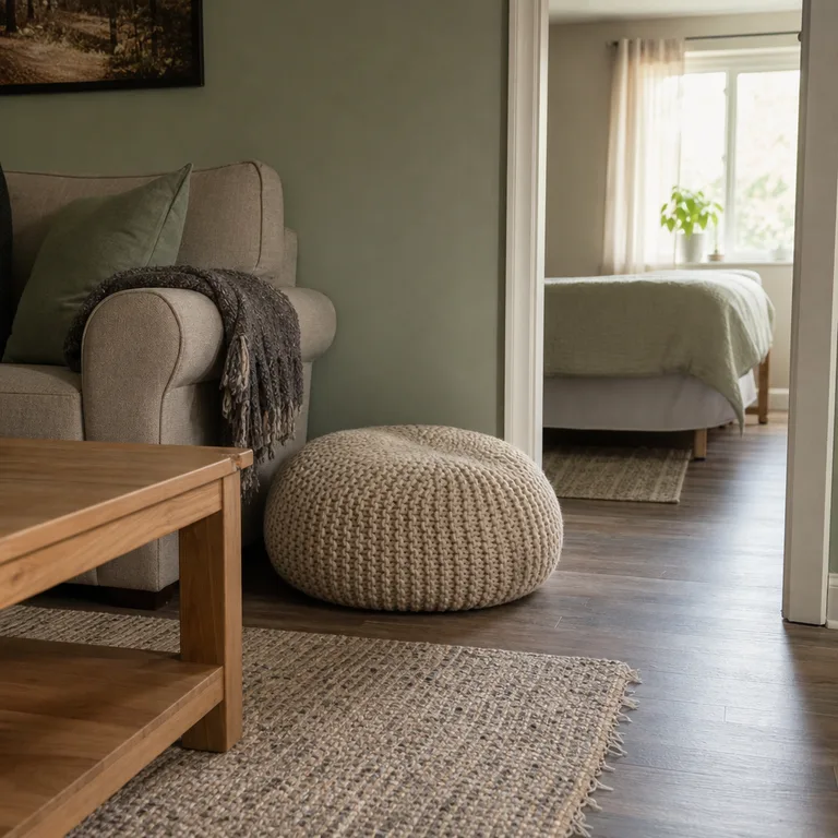 A knitted pouf moved from an adjoining room into a small living room for extra seating.