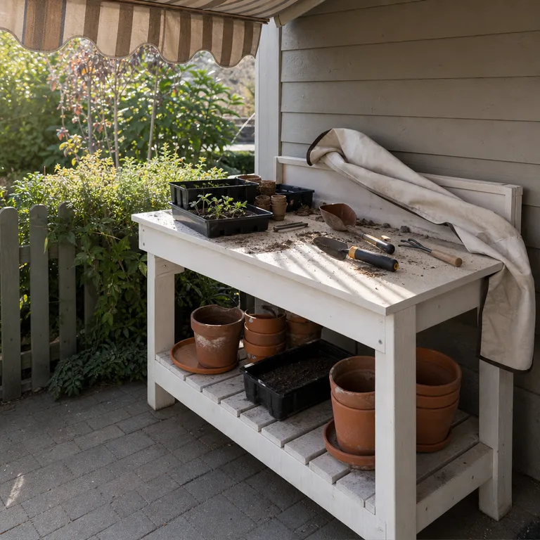Covered potting bench holding hand tools and pots on a small patio.