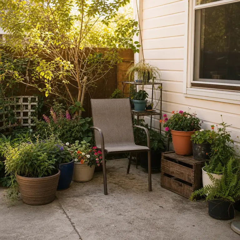 A small patio chair surrounded by container plants arranged at different heights.