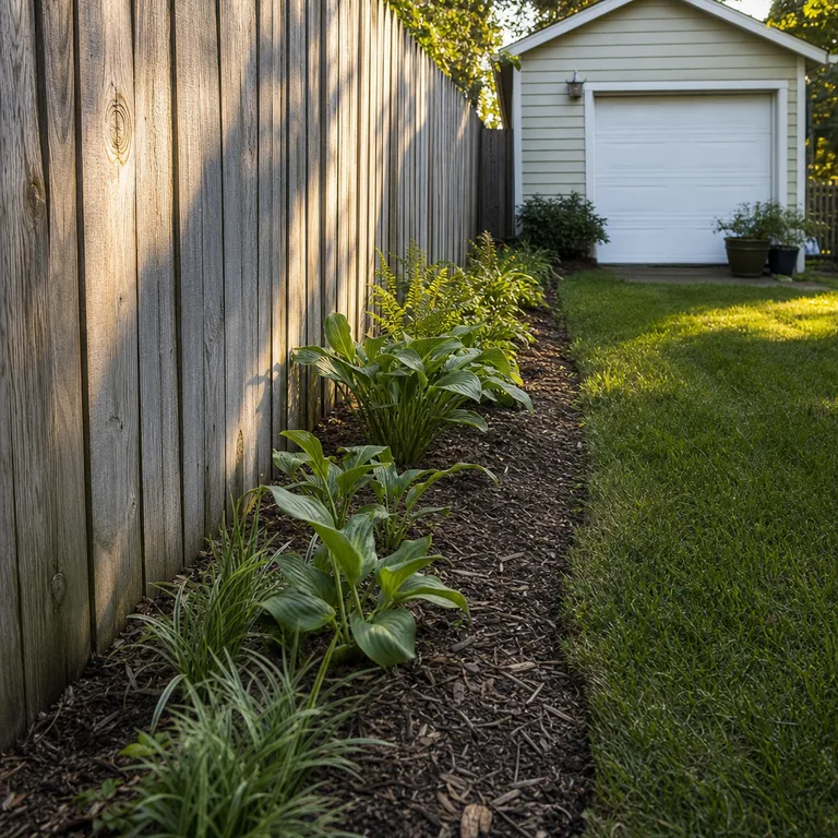 A narrow mulched pollinator planting strip running along a weathered wooden fence.