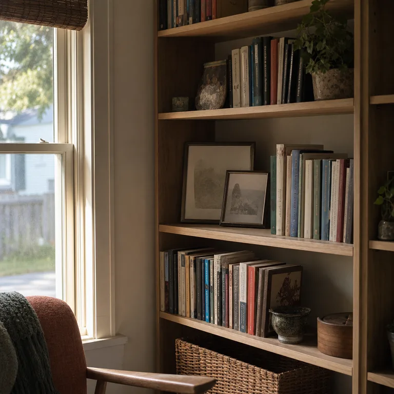 Small frames lean behind short groups of books on a shelf.